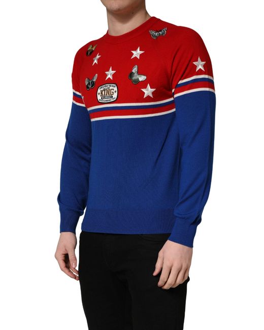 Dolce & Gabbana Blue Multicolor Wool Butterfly Star Men Crew Neck Sweater for men
