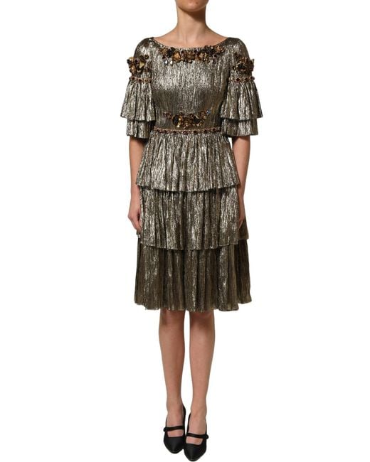 Dolce & Gabbana Black Metallic Gold Embellished Tiered Midi Dress