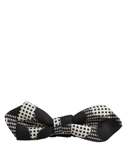 Dolce & Gabbana Black White Checkered Adjustable Neck Papillon Bow Tie for men