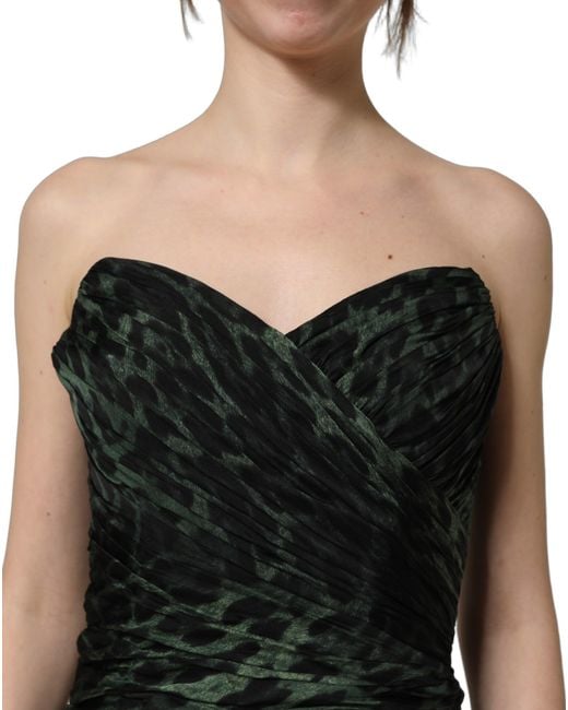 Dolce & Gabbana Black Green Leopard Print Bustier Draped Midi Dress