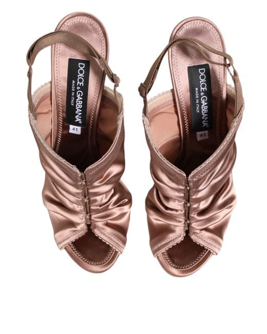 Dolce & Gabbana Brown Bronze Satin Ruched Slingback Sandals Shoes