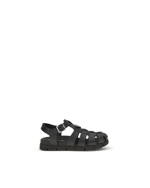 Prada Black Calf Leather Bos Taurus Flat Sandals for men