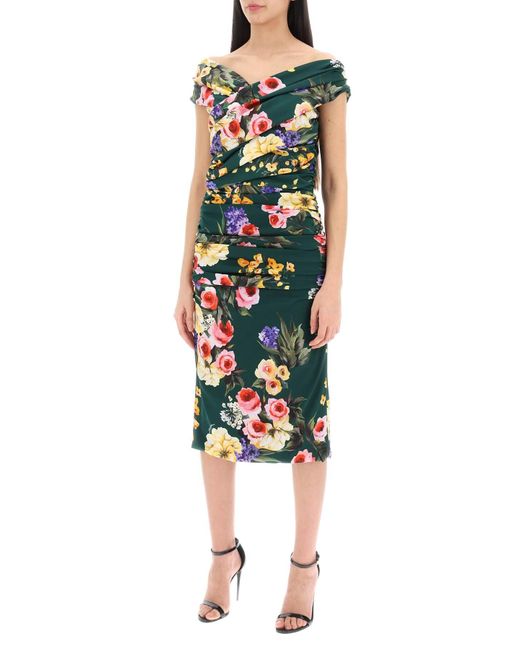 Dolce & Gabbana Green Rose Garden Draped Midi Dress