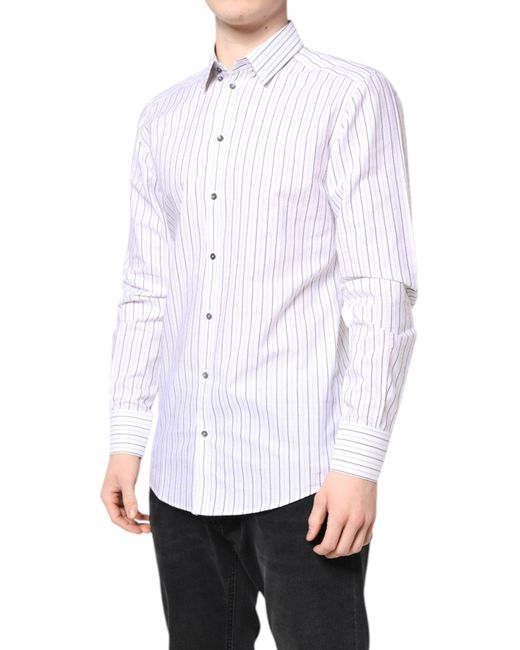 Dolce & Gabbana White Stripes Cotton Gold Formal Dress Shirt for men