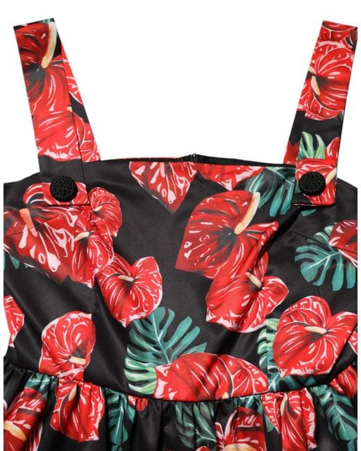 Dolce & Gabbana Red Multicolor Floral Cotton Poplin Midi Dress