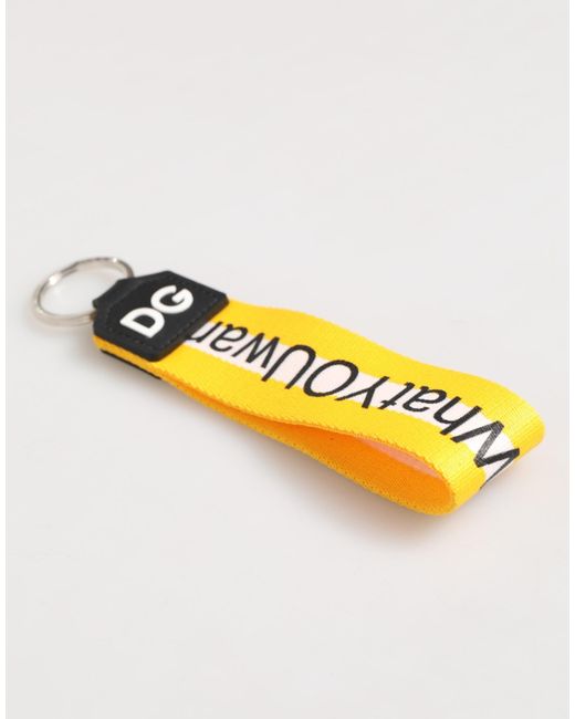 Dolce & Gabbana Metallic Yellow Logo Polyester Silver Brass Holder Keychain Keyring for men