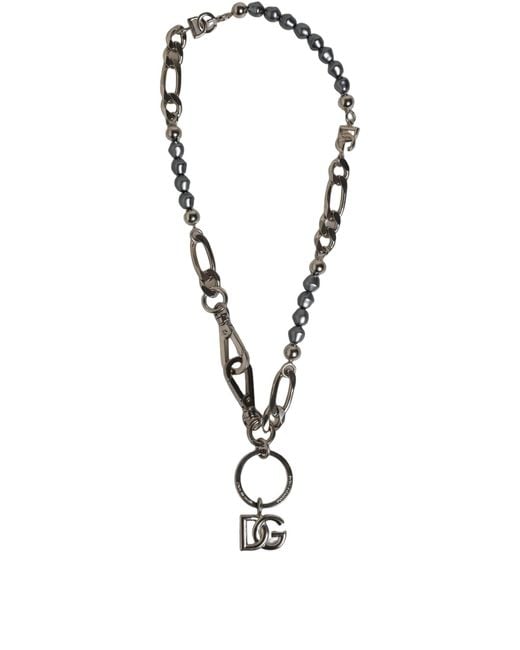 Dolce & Gabbana White Tone Chain Signature Dg Logo Pendant Necklace Brass