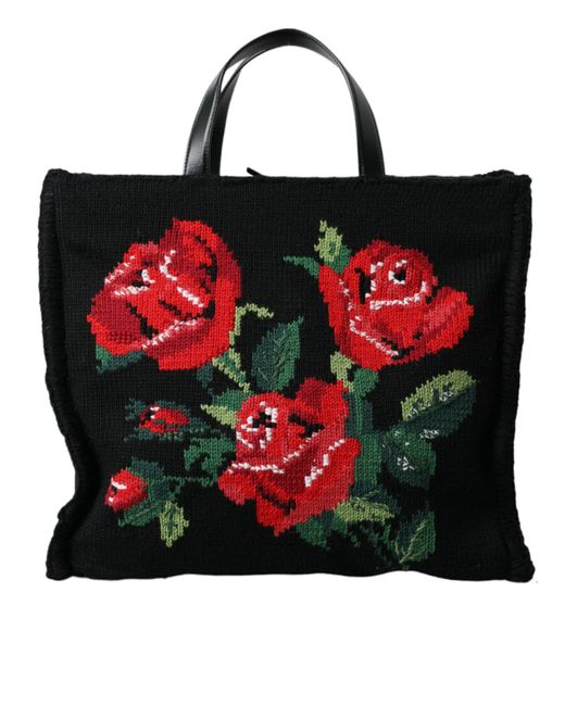 Dolce & Gabbana Black Chic Embroidered Floral Tote