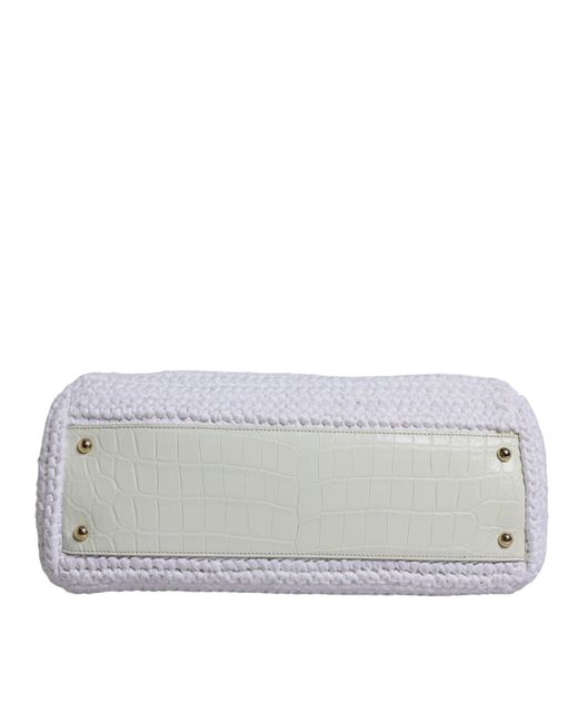 Dolce & Gabbana Gray White Rafia Leather Top Handle Crossbody Bag
