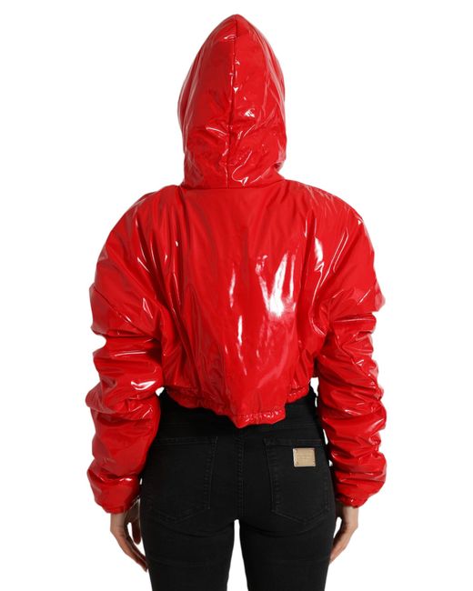 Dolce & Gabbana Red Shiny Hooded Cropped Short Coat Jacket