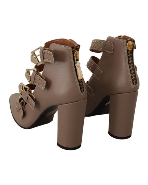 My Twin Brown Elegant Leather Multi-Buckle Heels