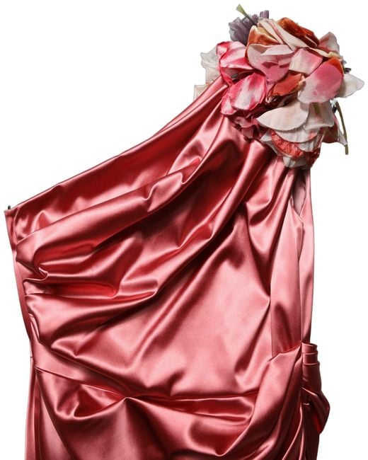 Dolce & Gabbana Red Draped Midi Flower Appliques Dress Acetate Nylon Elastane