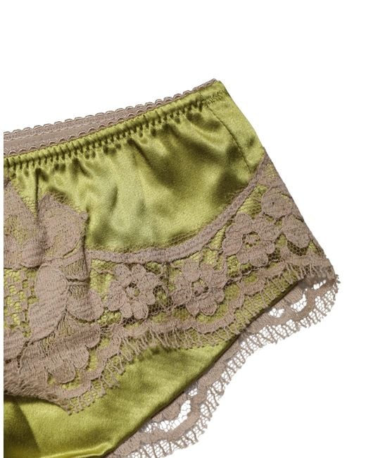 Dolce & Gabbana Natural Underwear Green Silk Satin Floral Lace Panty Brief