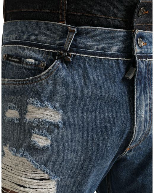 Dolce & Gabbana Blue Tattered Cotton Denim Jeans for men