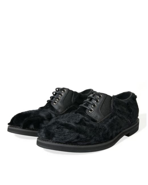 Dolce & Gabbana Black Fur Leather Lace Up Derby Dress Shoes for men