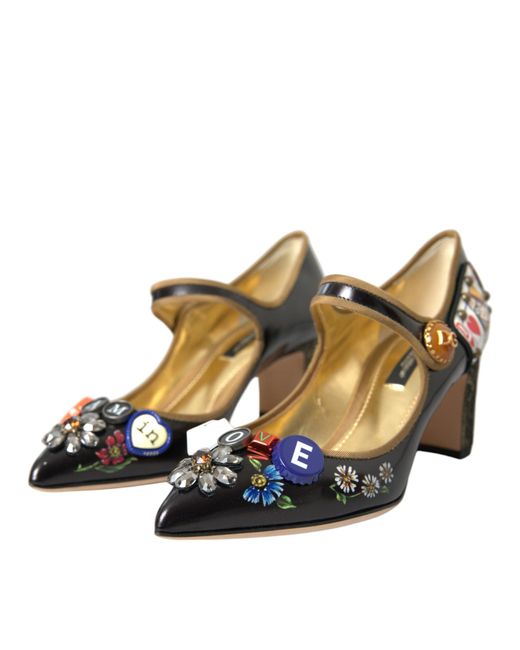 Dolce & Gabbana Black Leather Crystal Mary Jane Pumps Shoes