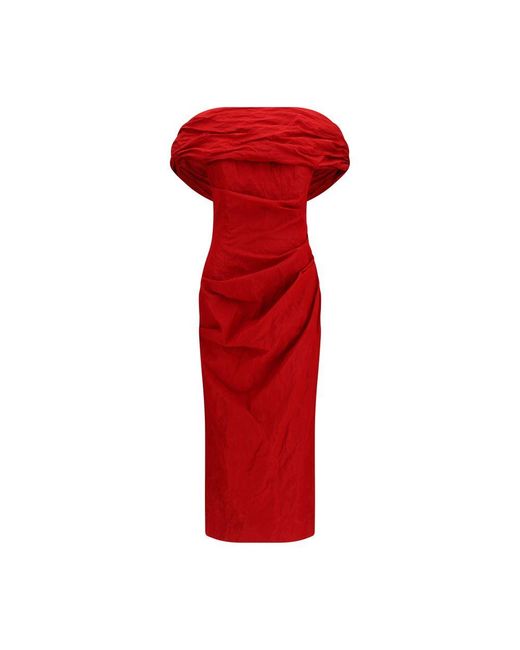 Magda Butrym Red Off-Shoulder Draped Midi Dress