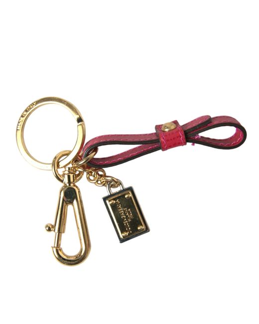 Dolce & Gabbana Multicolor Red Calf Leather Gold Metal Logo Plaque Keyring Keychain