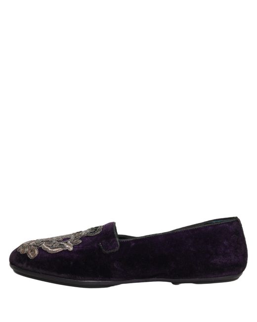 Dolce & Gabbana Blue Purple Velvet Crown Embroidery Loafers Shoes for men