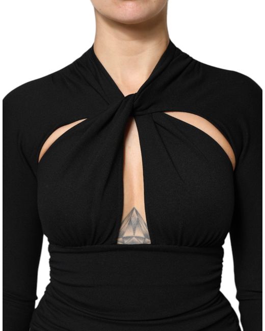 Dolce & Gabbana Black Ruched Midi Dress Keyhole Neckline
