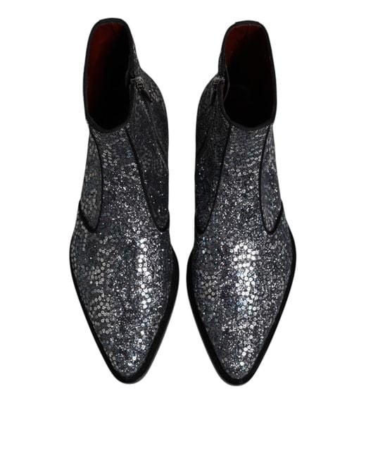 Dolce & Gabbana Brown Dark Gray Cotton Sequined Chelsea Boots Shoes for men