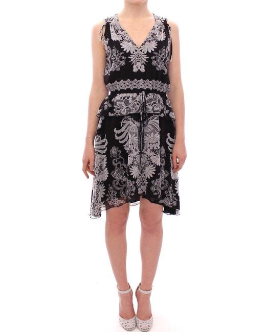 Sachin & Babi Black Silk Floral Pattern Shift Coctail Dress