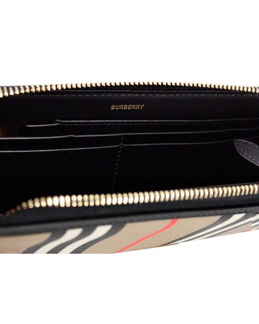 Burberry Black Ellerby Leather Icon Stripe Canvas Zip Around Continental Wallet