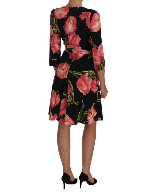 Dolce & Gabbana Black Tulip Print Stretch Shift Dress