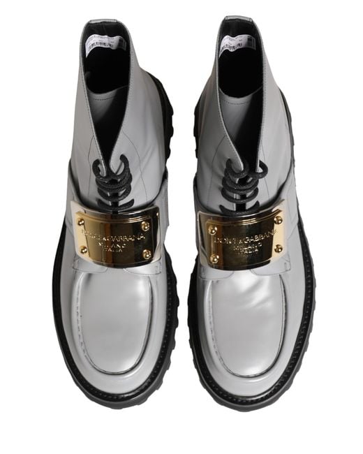 Dolce & Gabbana Gray Leather Logo Plaque Ankle Boots Shoes for men
