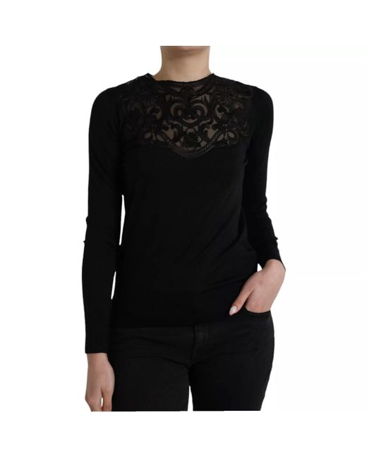Dolce & Gabbana Black Lace Neck Long Sleeve Top