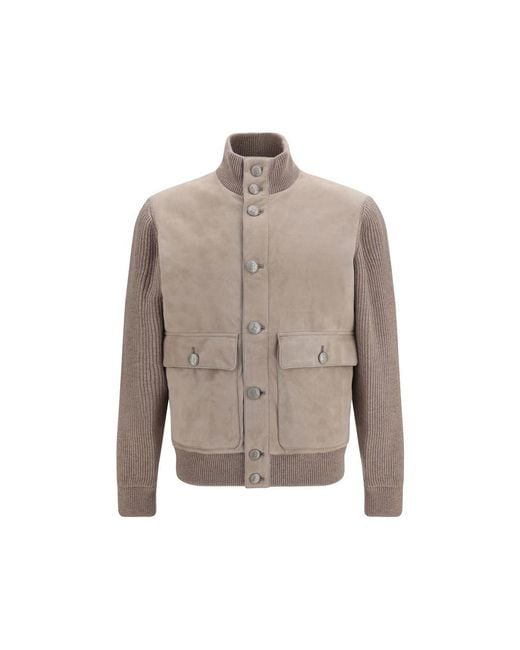 Brunello Cucinelli Gray Beige Calf Leather Bos Taurus Leather Jacket for men