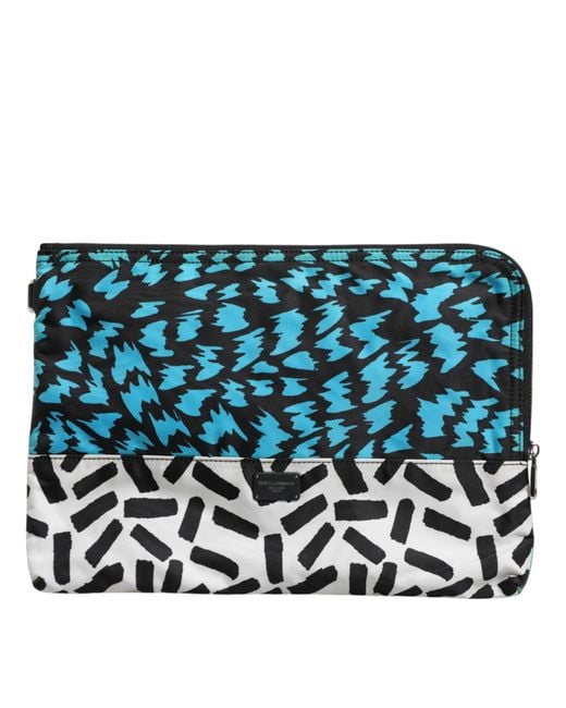 Dolce & Gabbana Blue Multicolor Printed Nylon Logo Plaque Men Clutch Pouch Bag