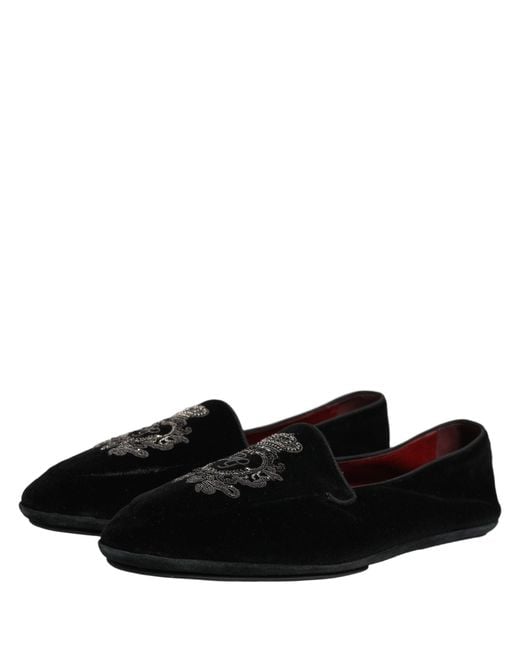 Dolce & Gabbana Black Velvet Crown Embroidery Loafers Shoes for men