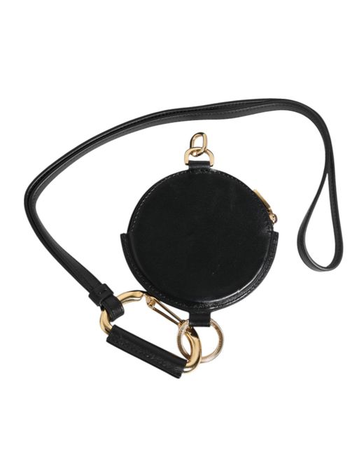 Dolce & Gabbana Black Round Leather Dg Logo Coin Purse Lanyard Wallet for men