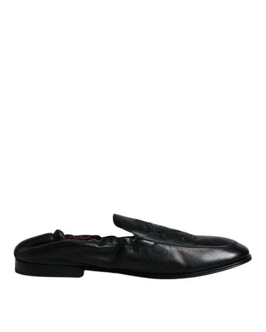 Dolce & Gabbana Black Logo Embroidered Leather Loafer Dress Shoes for men