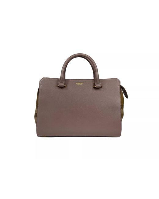 Burberry Brown Small Banwell Leather Tote Bag Purse Grey Mink