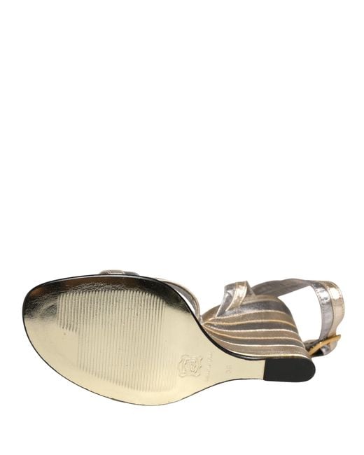 Dolce & Gabbana White Gold Silver Leather Wedge Heels Sandals Shoes