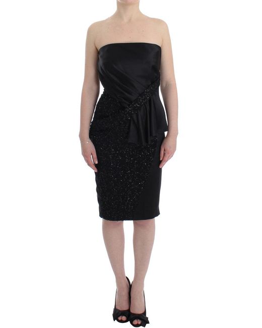 Masha Ma Black Strapless Embellished Pencil Dress