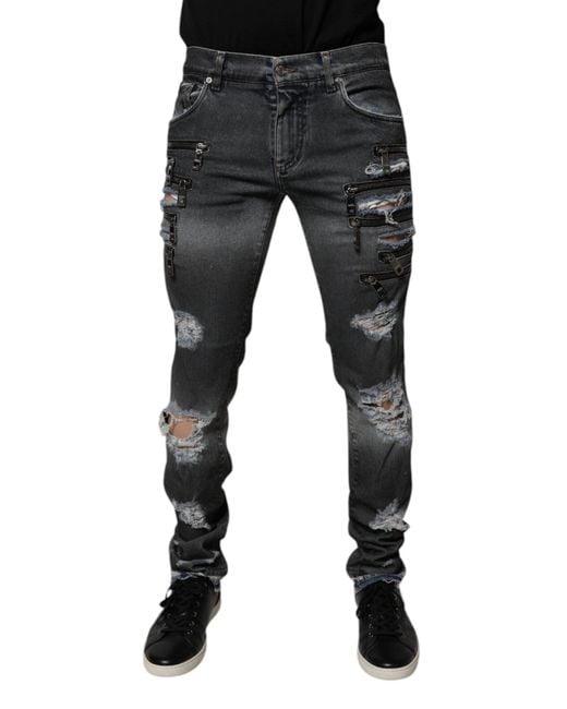 Dolce & Gabbana Black Zipper Detail Distressed Jeans for men
