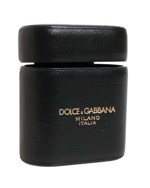 Dolce & Gabbana Black Calf Leather Logo Print Flip Holder Airpods Case