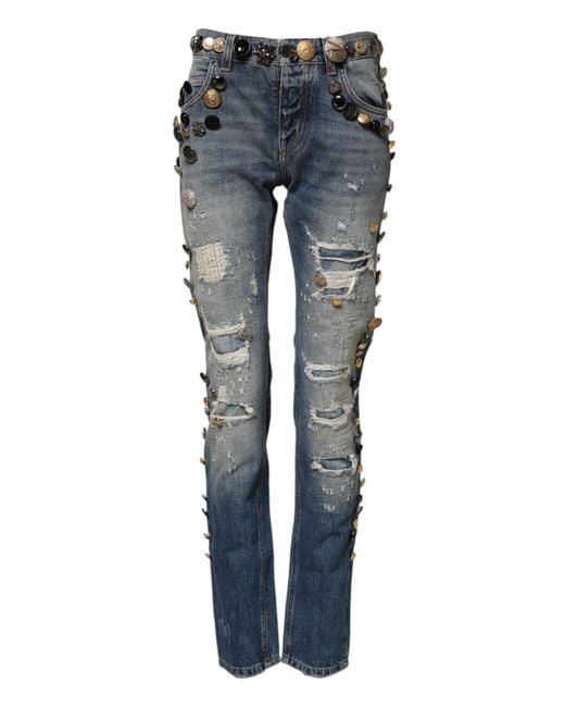 Dolce & Gabbana Blue Embellished Tattered Skinnydenim Jeans for men