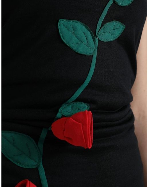 Dolce & Gabbana Black Wool Sleeveless Rose Applique Dress