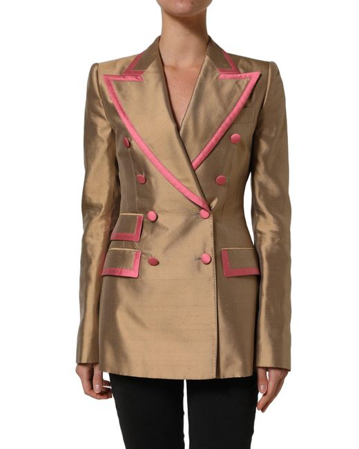 Dolce & Gabbana Natural Gold Silk Double Breasted Coat Blazer Jacket