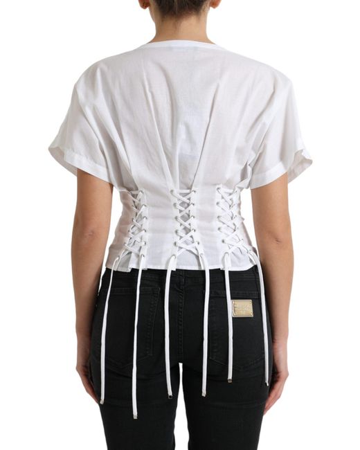 Dolce & Gabbana White Elegant Floral Lace-Up Blouse