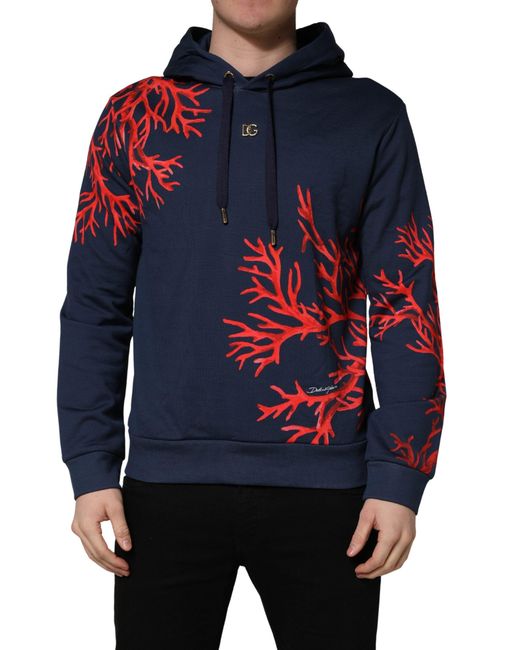 Dolce & Gabbana Blue Cotton Coral Logo Hooded Sweatshirt Sweater Clothing for men