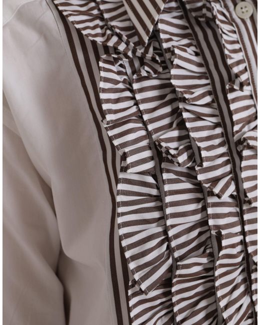 Dolce & Gabbana Gray Stripes Cotton Long Sleeves Ruffle Collar Top
