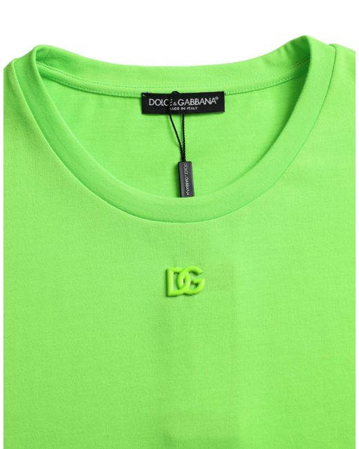 Dolce & Gabbana Green Neon Embossed Logo Crew Neck T-Shirt for men