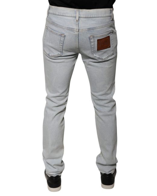 Dolce & Gabbana Gray Light Blue Cotton Blend Tattered Skinny Denim Jeans for men