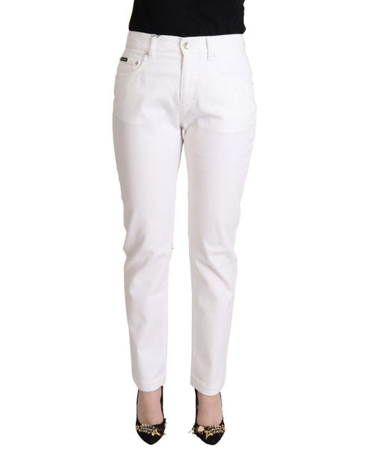 Dolce & Gabbana White Cotton Mid Waist Denim Tapered Jeans