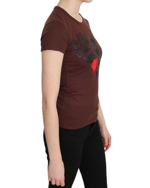 Exte Red Hearts Printed Round Neck T-shirt Top Brown Tsh3419